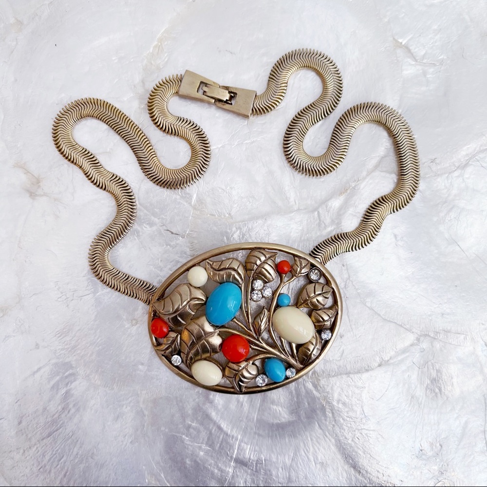 Gold Tone Faux Coral Turquoise Pendant Necklace - Picture 2 of 8